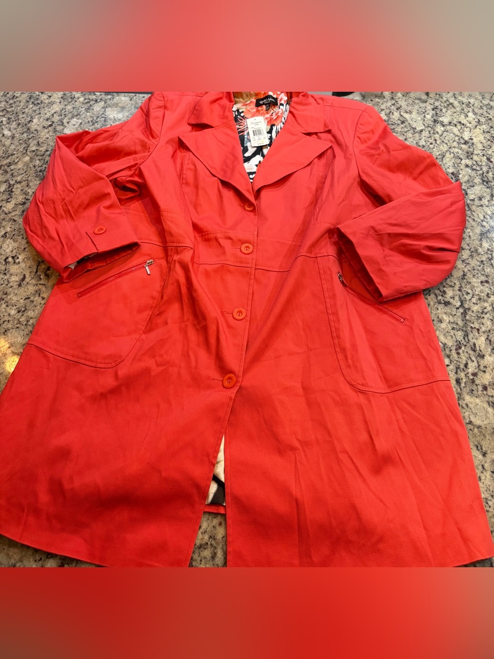 Women’s Bright Coral Trench Coat with Floral Inner Liner